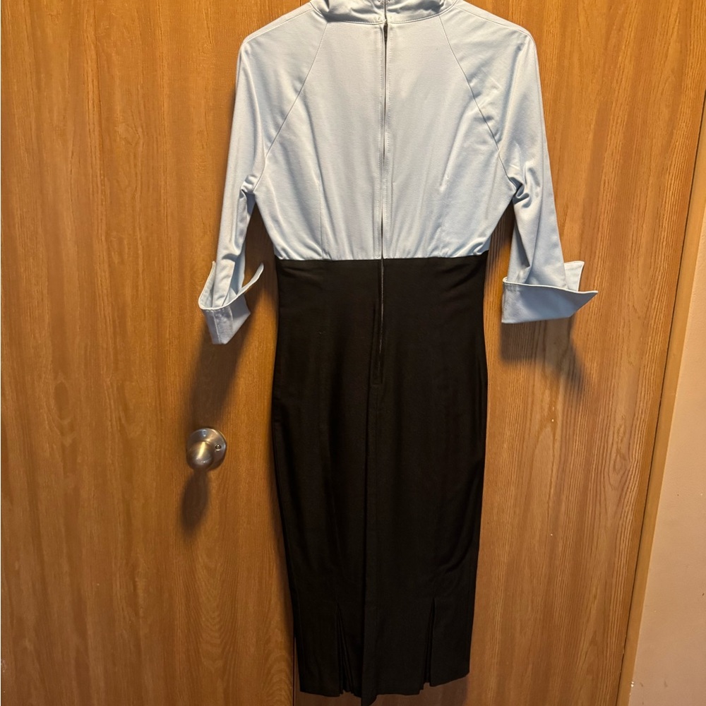 Pinup Couture Blue and Gray Sheath Dress with Notched Collar - Picture 2 of 3